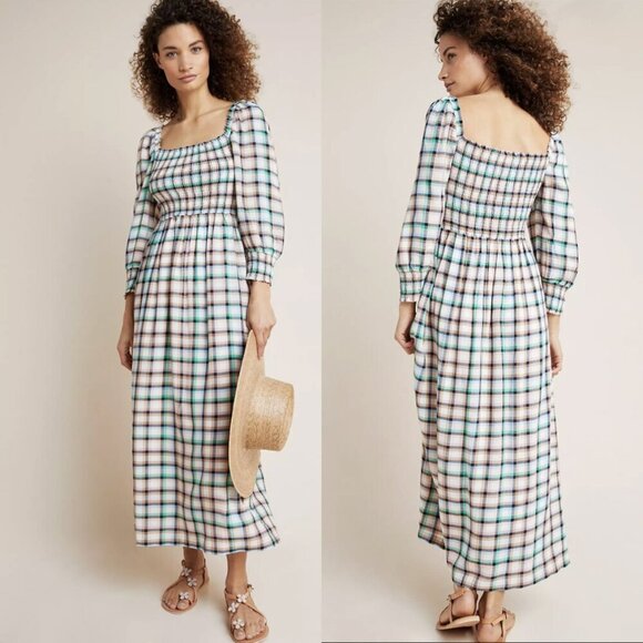Maeve Dresses & Skirts - Anthropologie Maeve Cerie Smocked Plaid 3/4 Puff Sleeved Midi Dress, M